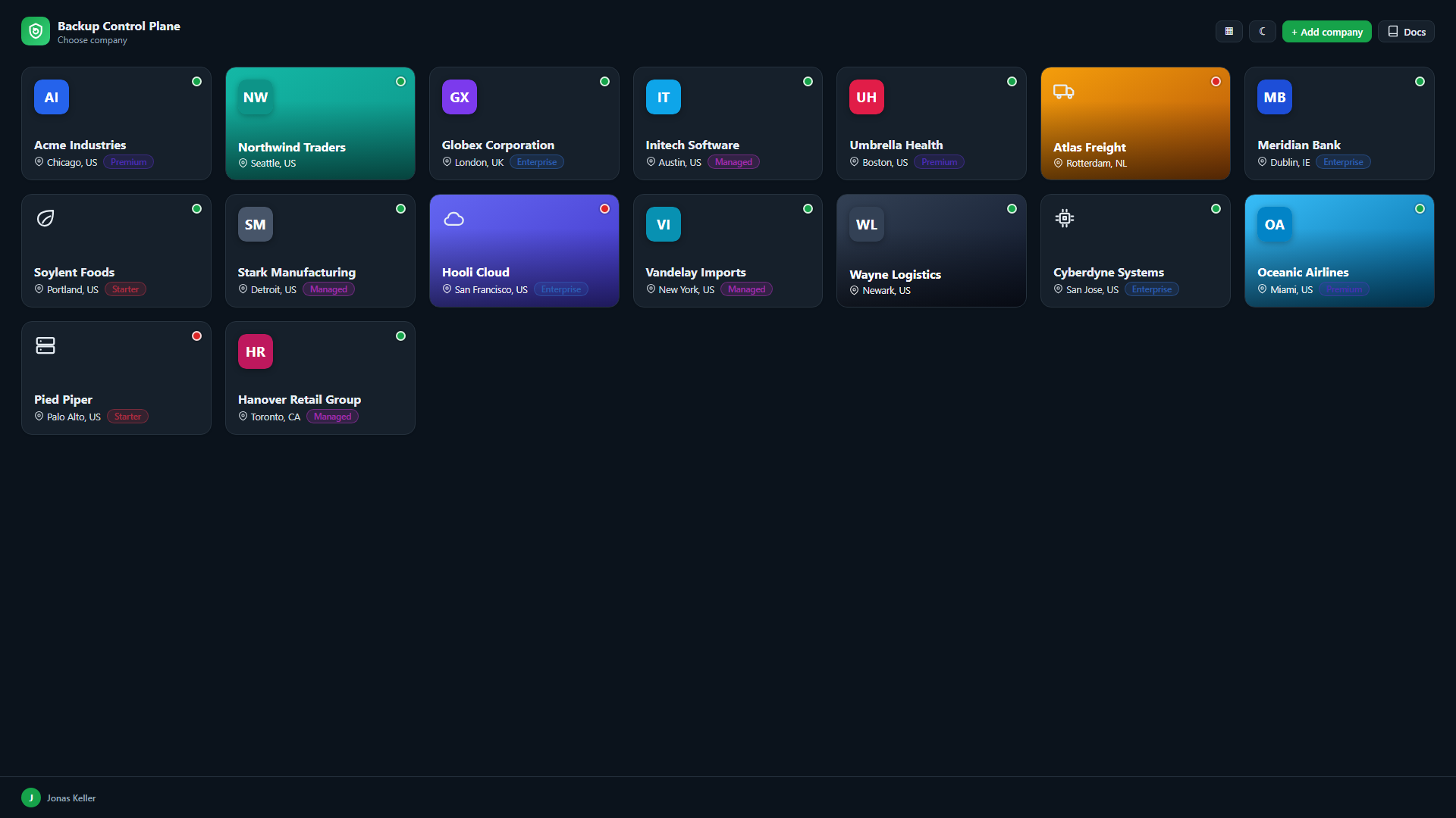 Company overview with live VPN status per customer